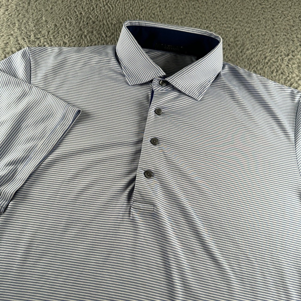 Greyson Polo Shirt Mens L Blue White Striped Short Sleeve Performance Golf